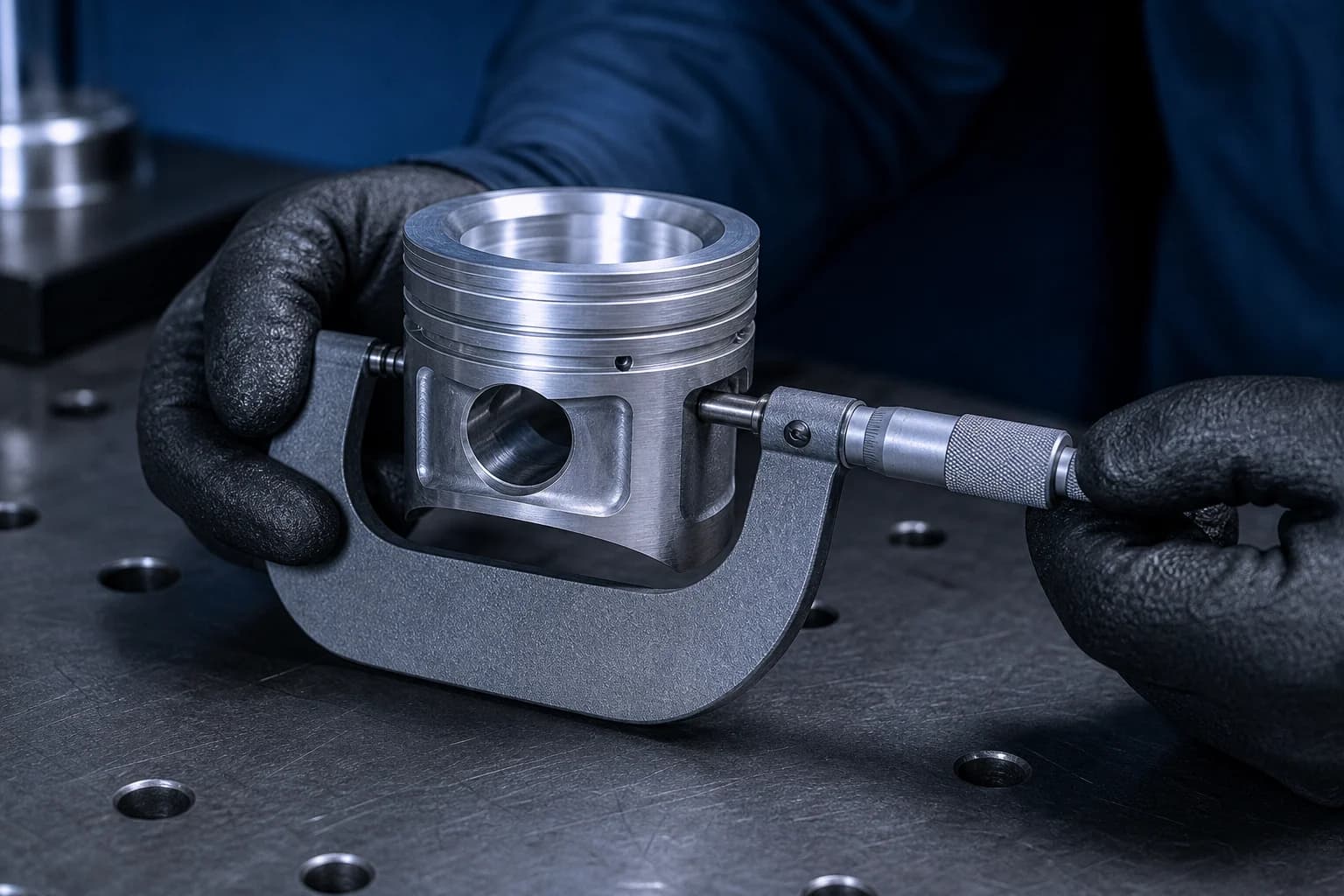 Technician checking a piston with a micrometer