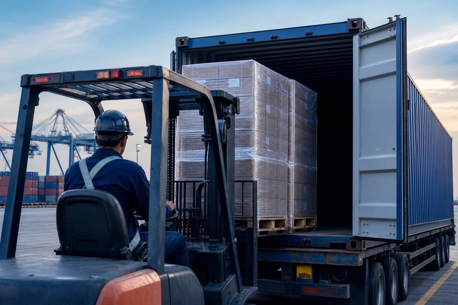 Tarimas emplayadas de autopartes cargadas en un contenedor de 40 pies en un puerto mexicano