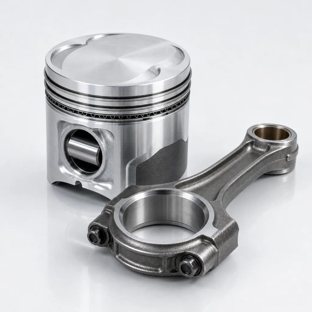 Forged aluminium piston with rings and wrist pin beside a connecting rod